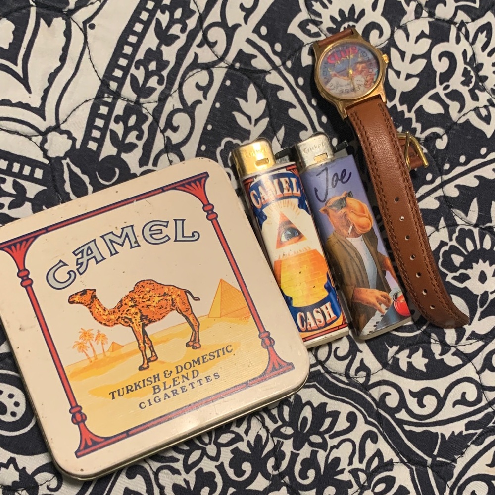Camel Vintage Tin & Lighter Set with Brown Leather Strap Watch